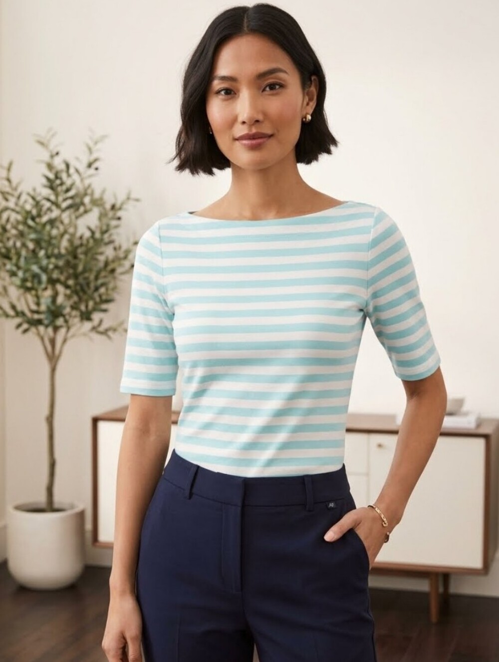 Ann Taylor Striped Boatneck Elbow-Sleeve Top in Light Blue & White Petite Small